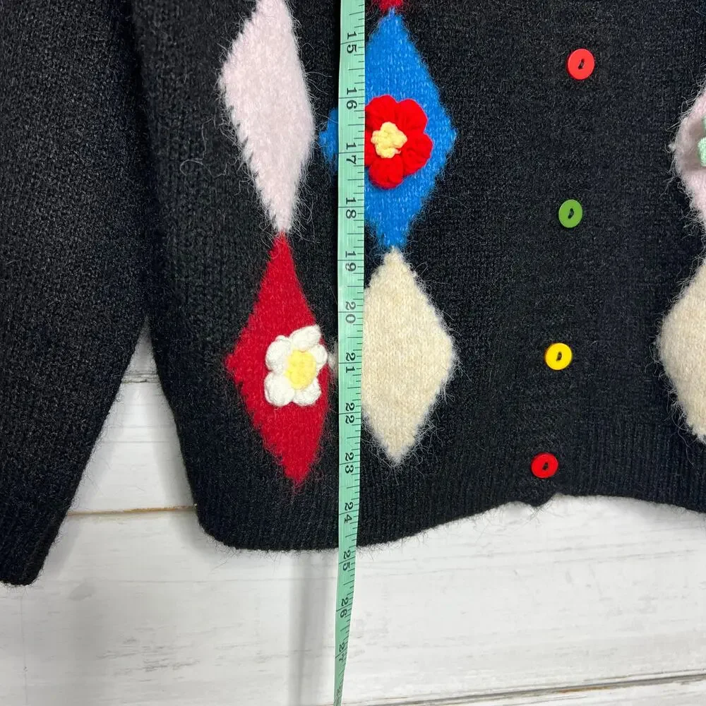POL Argyle Diamond Floral Cardigan Black Knit Button Front Sweater Size Small